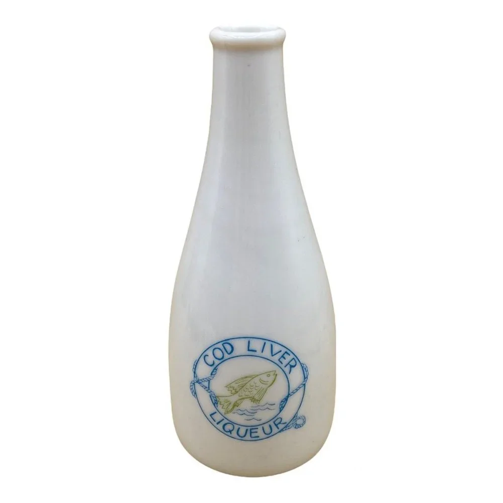 Vintage Cod Liver Liqueur White 6” Bottle Fish Logo Apothecary